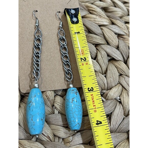 Victorian Turquoise Blue Sleeping Beauty Dangle Chain Link Steel Earrings - Picture 5 of 6